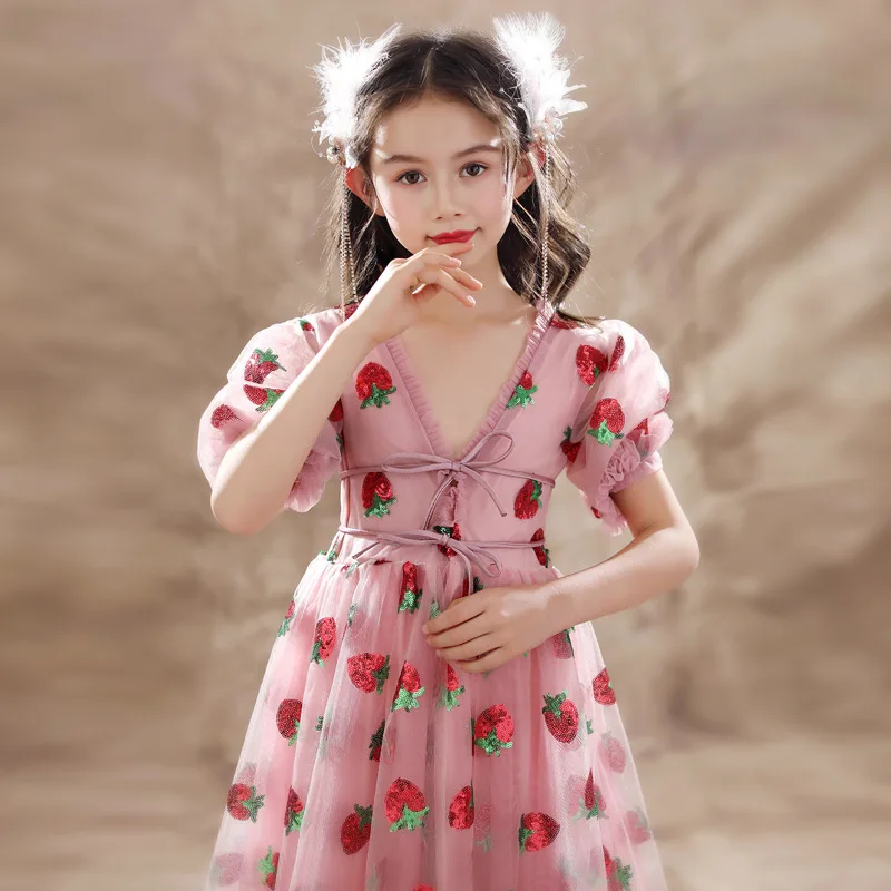 

New Sequin Children's Dress Girls' Pink Mesh V-neck Strawberry Princess Dress Short sleeve Long Dress For Kids Birthday Gift