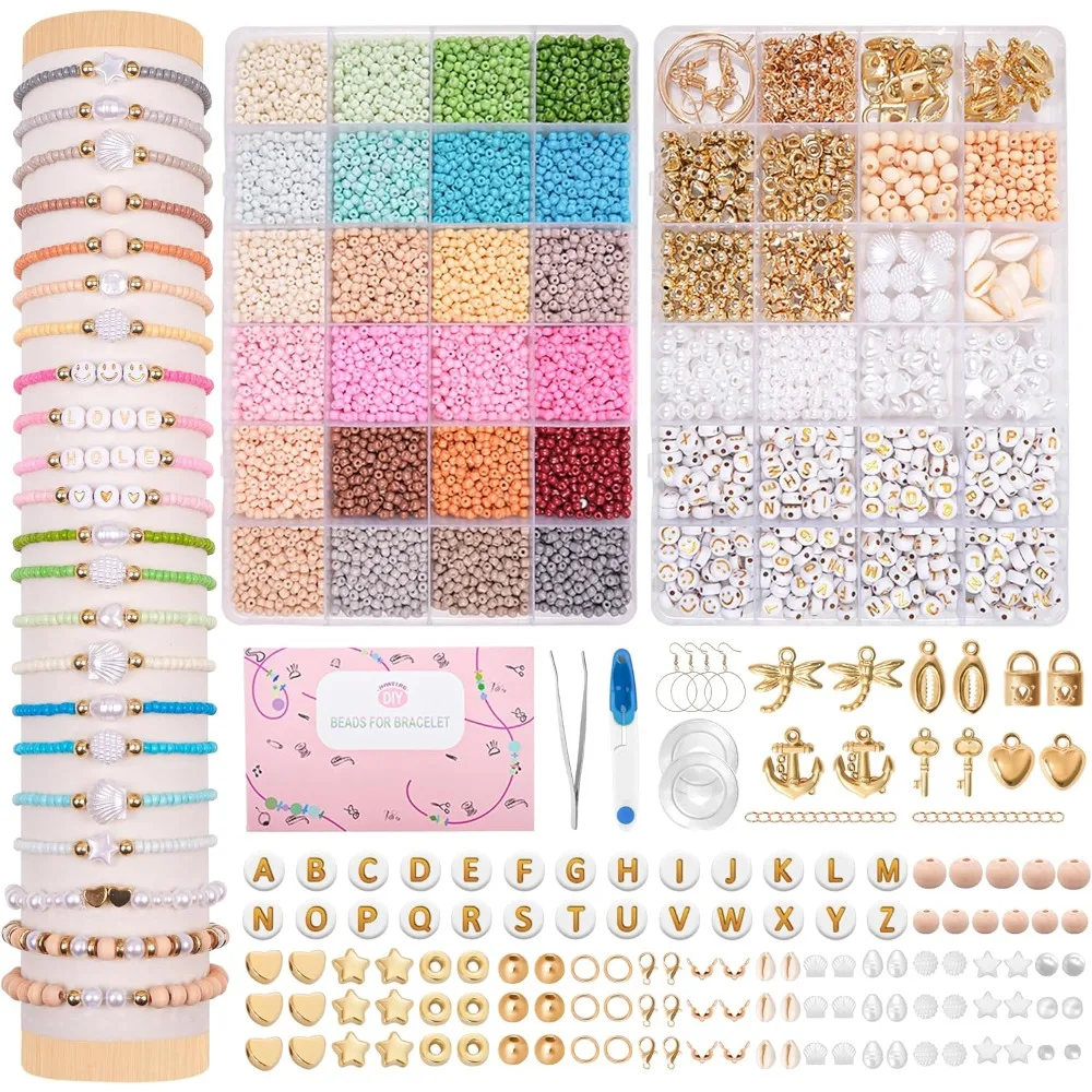 12000+ Matte Perlen für selbstgemachte Armbänder, mit Mini-Glasperlen, Holzperlen, Buchstabenperlen & Zubehör, Geschenk für Erwachsene & Kinder, DIY-Schmuck, Freundschaftsarmbänder & DIY-Basteln