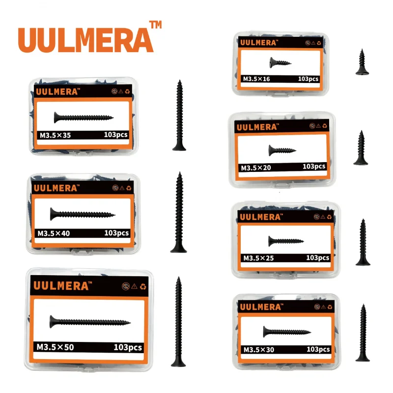 UULMERA 103 Stück schwarze Schrauben, 7 Spezifikationen verfügbar, flach, versenkt, verschiedene Schrauben, Trockenbauschrauben für Schränke, Möbel