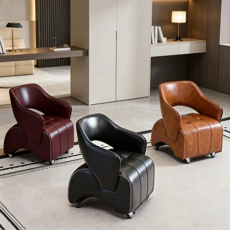 Vintage Style Rolling Accent Chair with Leather, Stitched Details, Mobile Low Backrest Chair for Living Room, Bedroom & Office