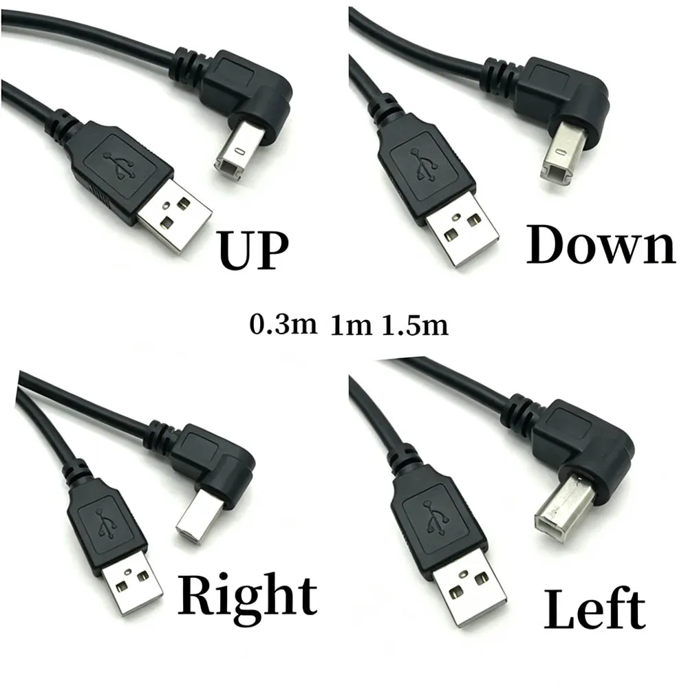 Straight Type A Male to 90 Degree Angled Type B Male USB 2.0 Data Cable Up/Down/Left/Right Angle Options for Printer Scanner 1m