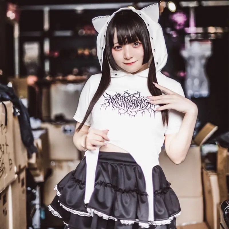 Women's Top Summer Japanese Harajuku Subculture Casual Tees Embroidery Rivets Cat Ear Hooded Slim Fit Short Sleeved T-shirt
