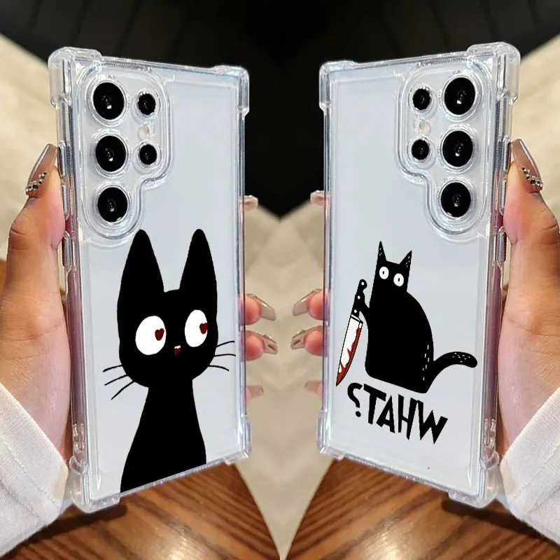 Cute Black Cat Clear Phone Case For Samsung Galaxy S26 S25 S24 Ultra S23 S22 Plus S21 S20 S26 FE Shockproof Soft Silicone Cover