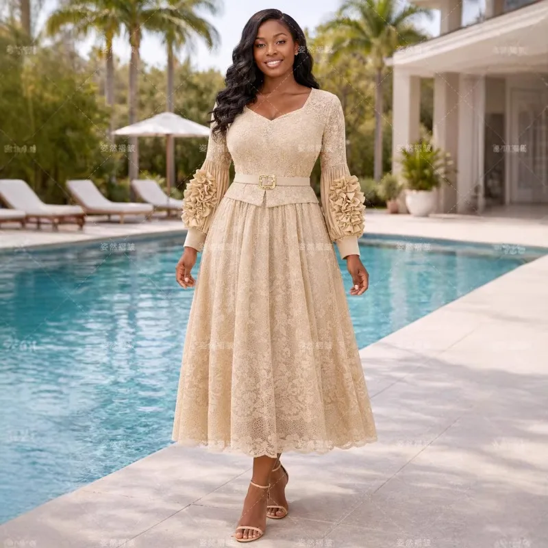 

Новинка 2026 года: Европейское плиссированное кружевное платье Miyake с вырезами, длинное, элегантное, для вечеринок, женское, с пышной юбкой, больших размеров, с поясом