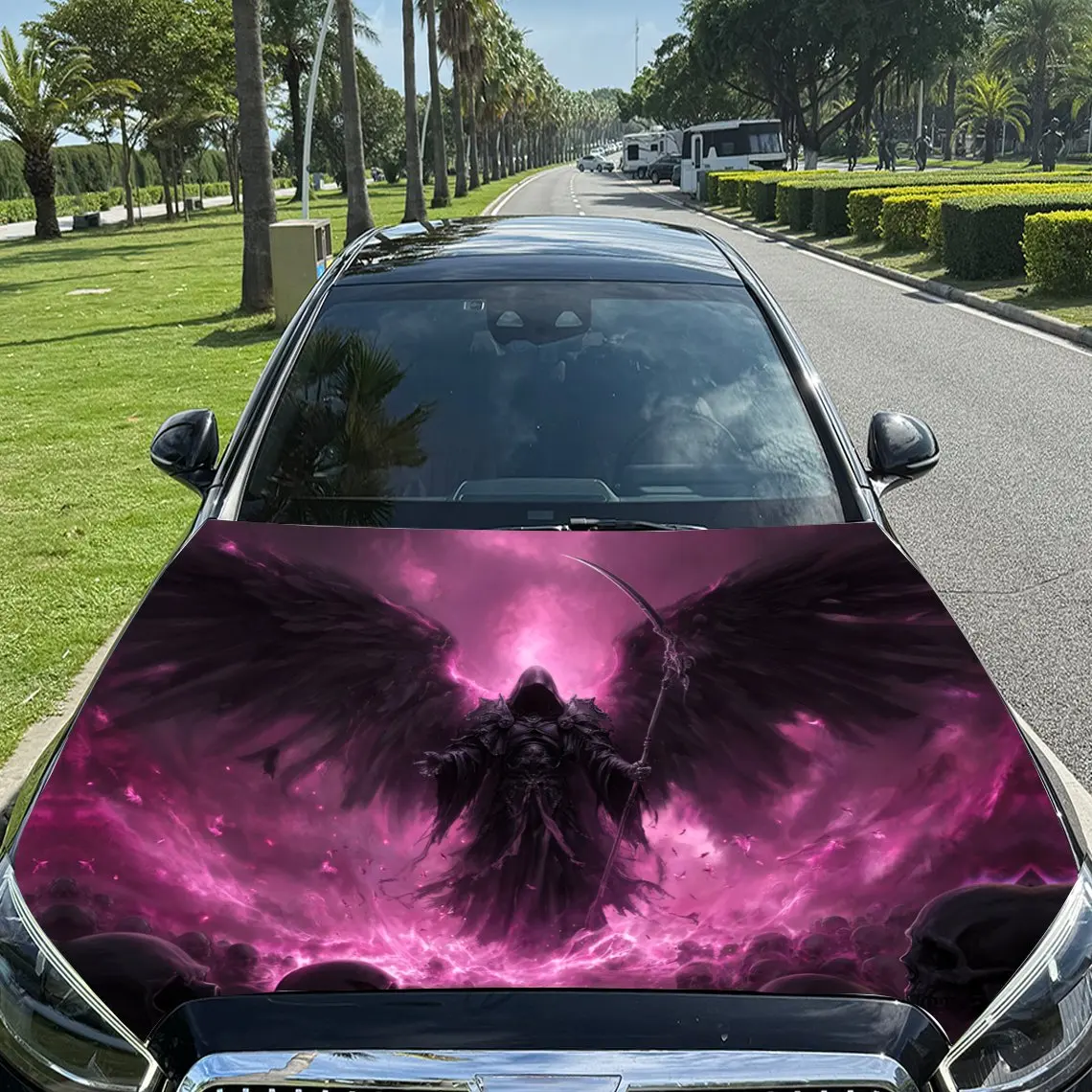 

Reaper with Purple Glow and Skull Group Car Vinyl Wrap, PVC Material Waterproof Car Hood Sticker, Self-Adhesive Scratch-Resistan