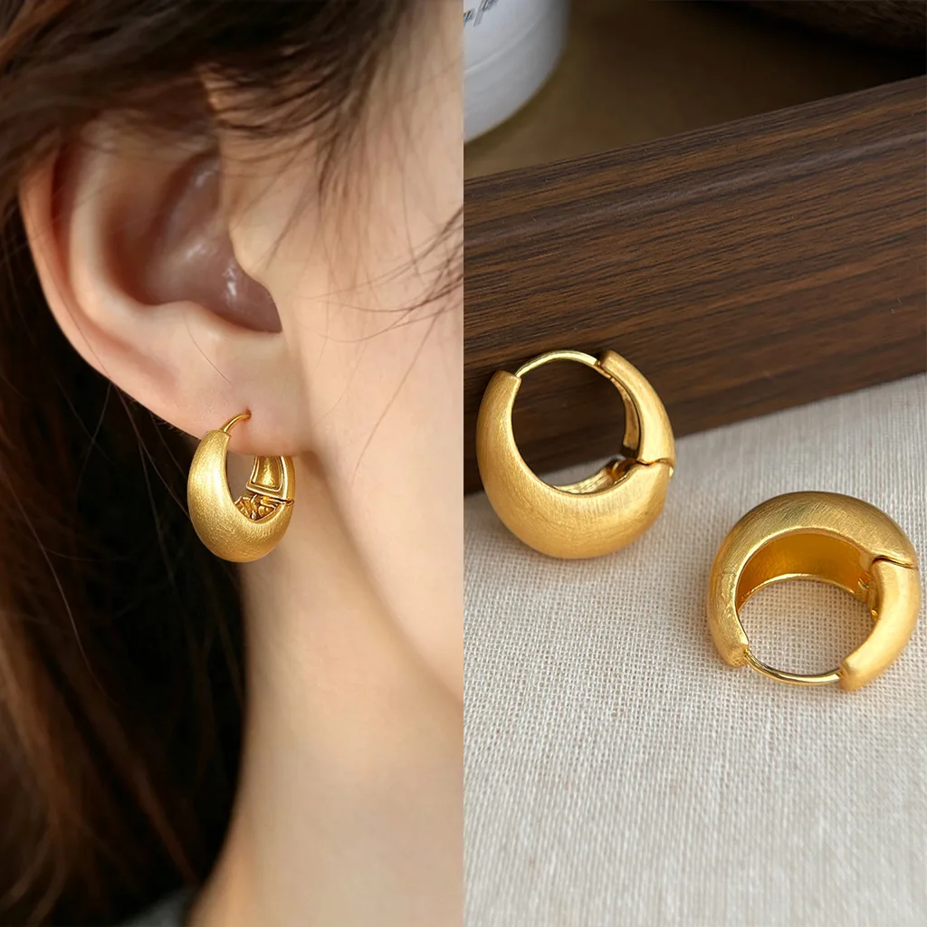 Brushed Matte Gold Hoop & Stud Earrings for Women, Vintage Chunky Curved Square Heart Shape Minimalist Jewelry
