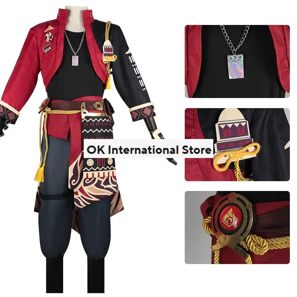 Genshin Impact Thoma Cosplay Traje para Homens e Mulheres, Uniforme de Jogo, Roupa de Halloween, Jaqueta, Casaco, Peruca, Sapatos, Headwear, Chain Props, Conjunto Completo