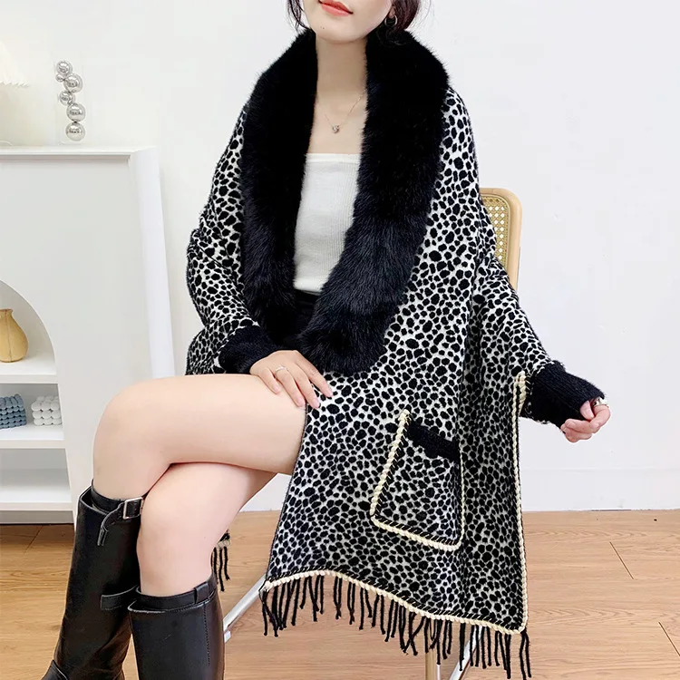 

Autumn Winter New Imitation Wool Collar Knitted Shawl Women Leopard Print Tassels Long Sleeve Poncho Lady Capes Black Cloaks