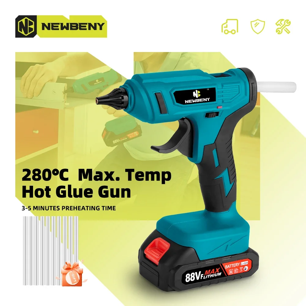 NewBeny 280 ° Pistola de pegamento de fusión en caliente inalámbrica C, barra de pegamento portátil de 11mm, herramienta eléctrica de reparación DIY