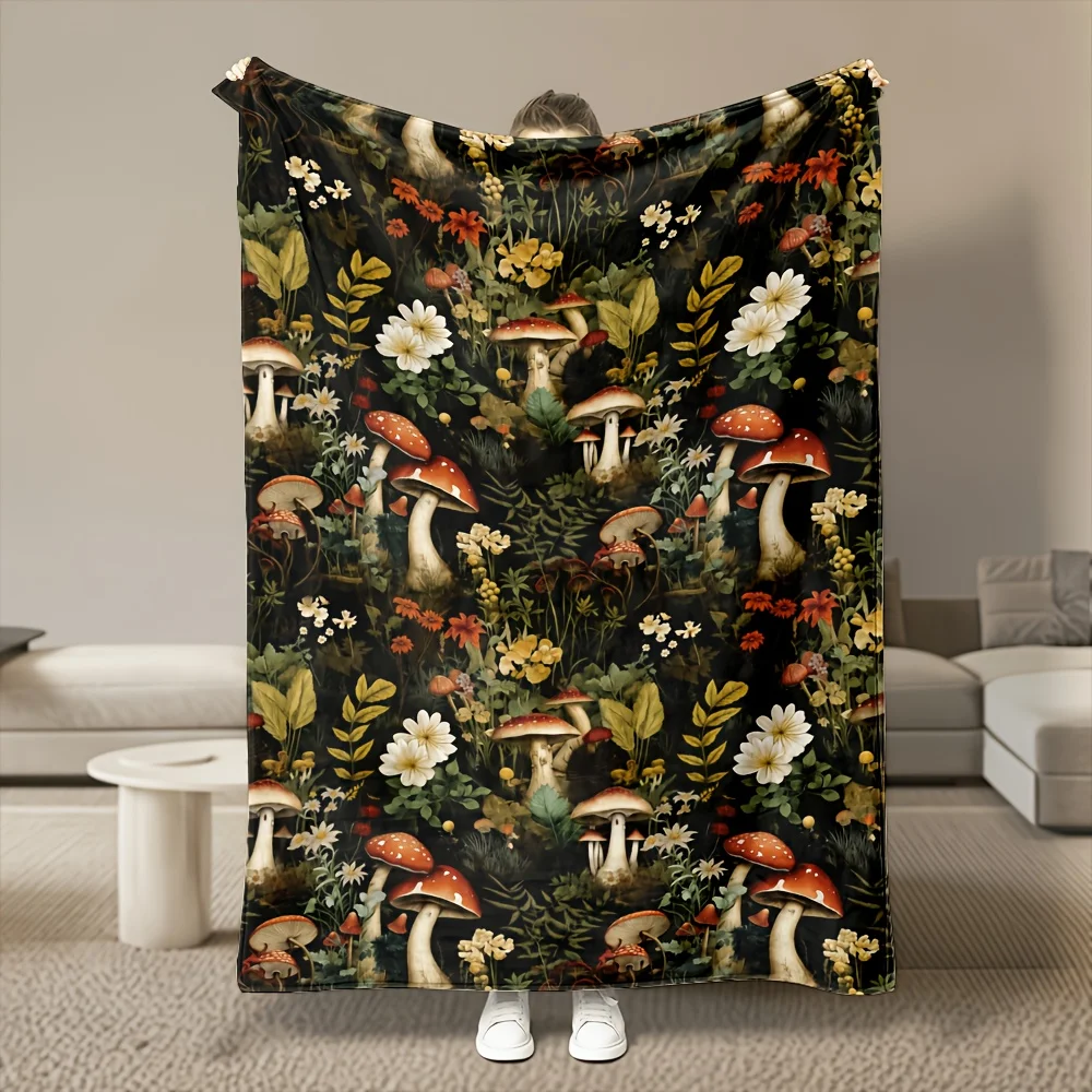 1pc Forest Mushroom Floral Flannel Throw Blanket, Soft Comfort, Anti-Static, Machine Washable, 280GSM, for Bedroom, Sofa, Home Goods, Guest Room, Office, Car, All-Season, Fun Home Throw, Great Gift Option