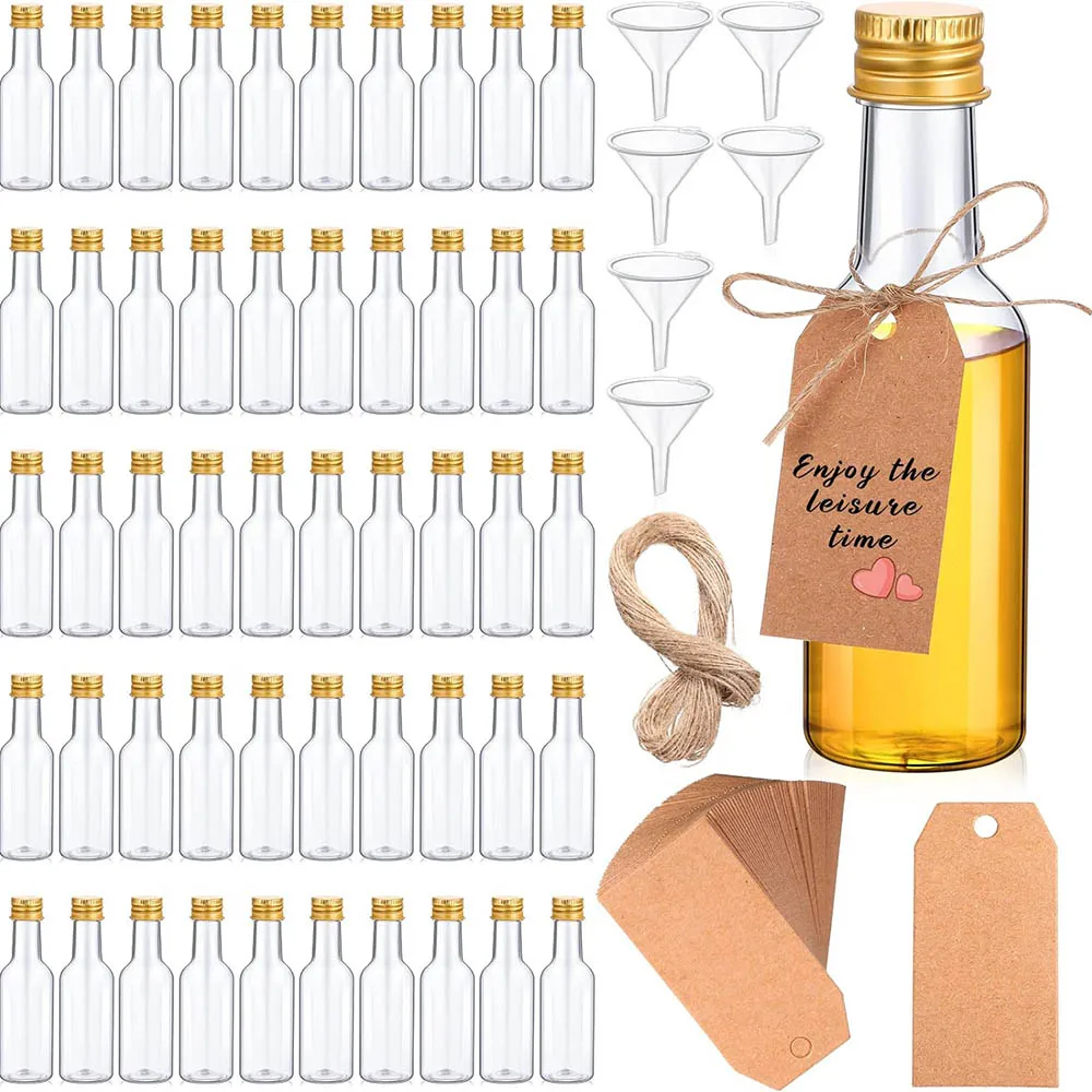 1.7oz Plastic Spirit Bottles Mini Liquor Bottles Set, Mini Plastic Alcohol Shot Bottles with Caps, Funnels, Kraft Tags for Party