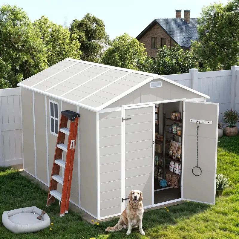 Resin Shed 8 X 10 FT, Garden Sheds Floor Plastic Patio Outdoor Storage With Lockable Door For Bike