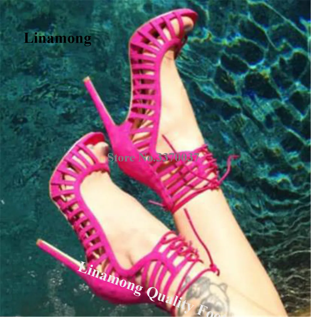 

Rose Pink Narrow Bands Caged Gladiator Sandals Linamong Peep Toe Suede Stiletto Heel Dress Shoes Ankle Wrap Strap Pumps