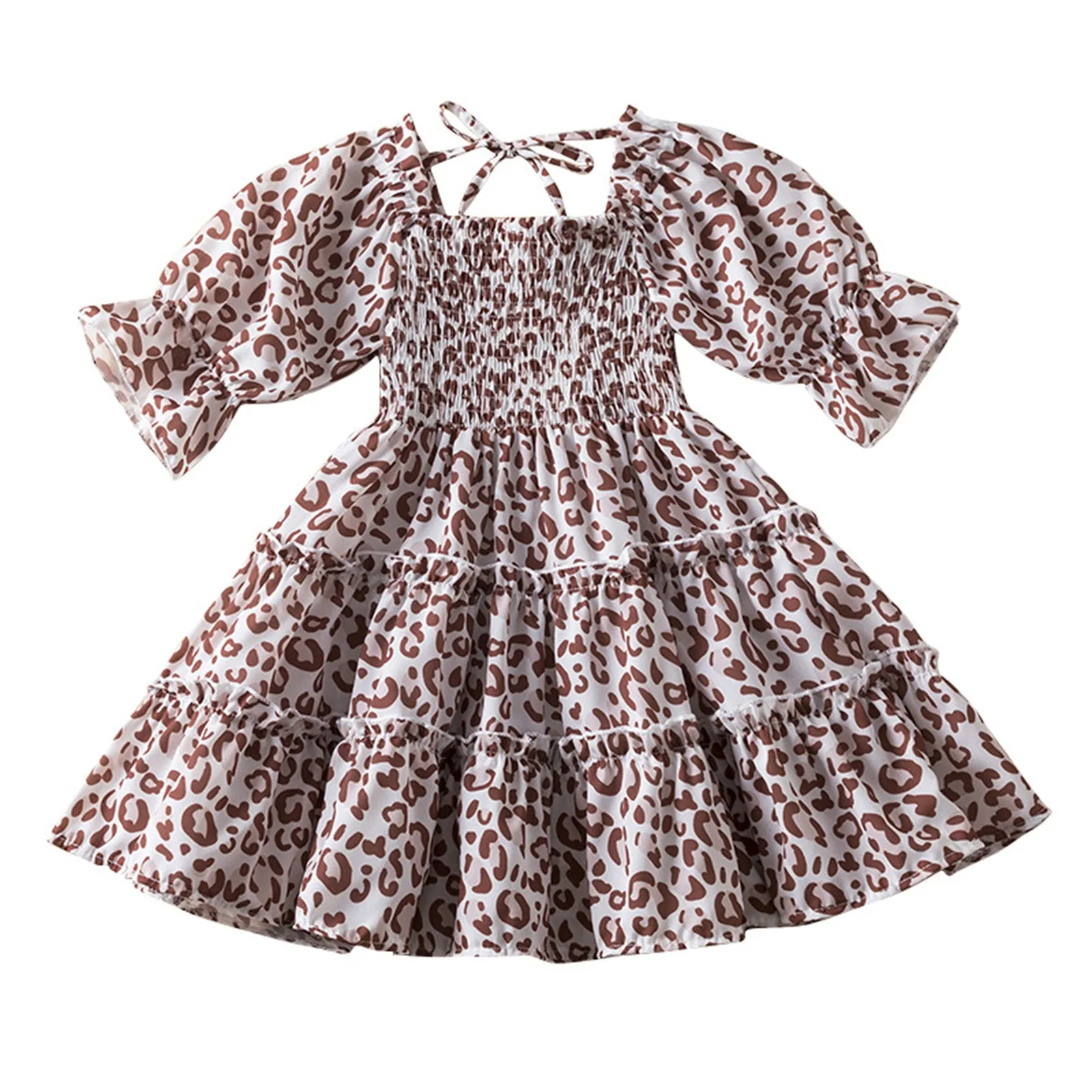 

2-9T Kids Toddler Baby Girls Dresses Summer Smocked Daily Clothes Leopard Print Ruffle Short Sleeve Princess Dress Vestidos