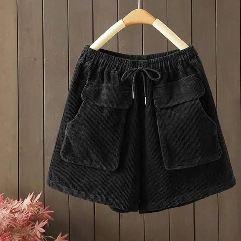 Simplicity Solid Color Elastic Waist Women's Clothing Casual Patchwork Pocket Ladies Autumn Winter Thin Loose 2023 New Shorts