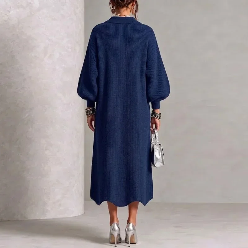 Women Solid Knit Cardigan Dress Lapel Collar Puff Lantern Sleeve Big Button Front Maxi Dress New Winter Open Front Sweater Dress