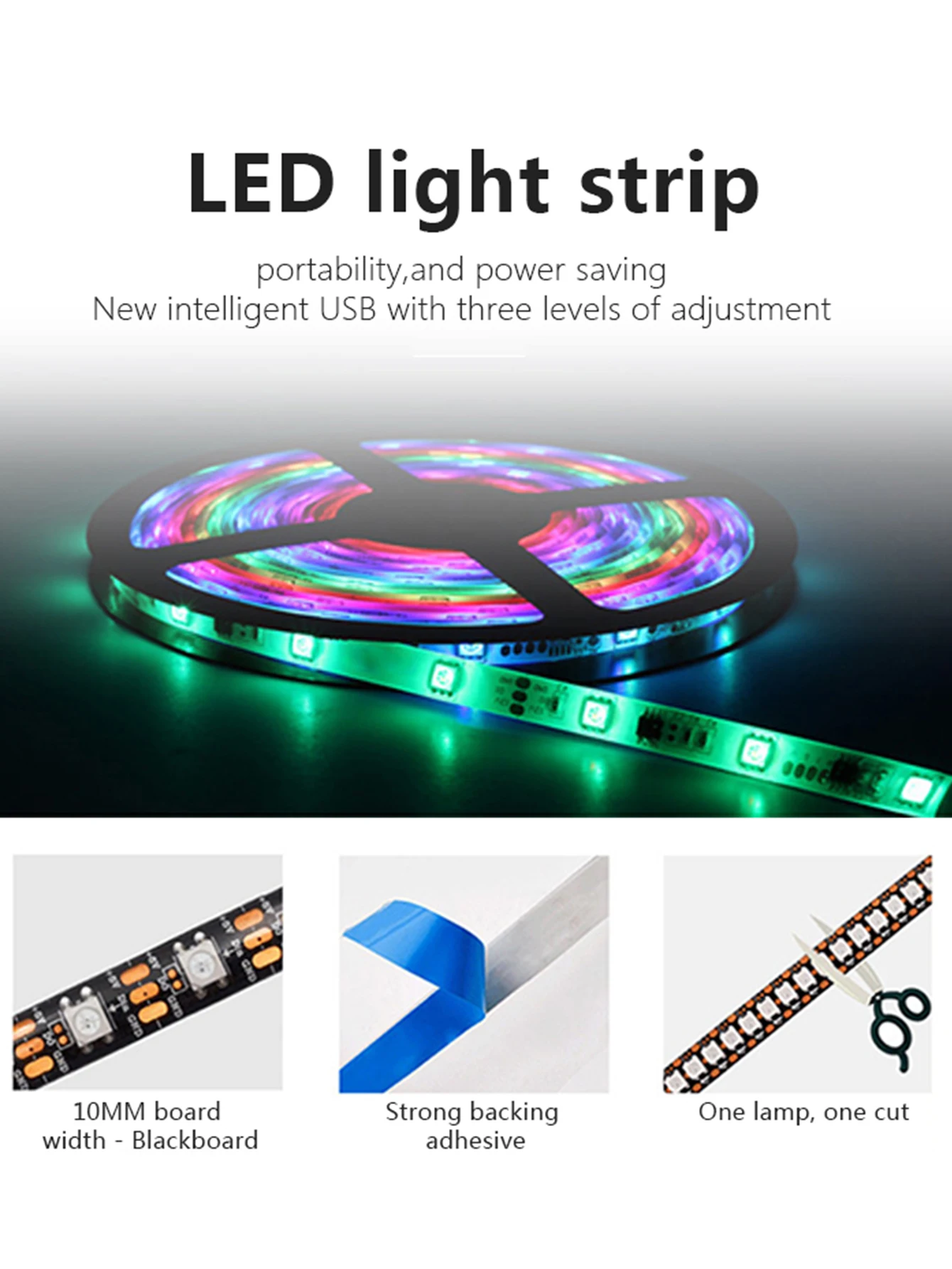 Fita de Luz LED Auto-adesiva, Cor RGB Fluida, Multifuncional, Casa, Computador, Armário, Escada, Decoração Interior, 5V