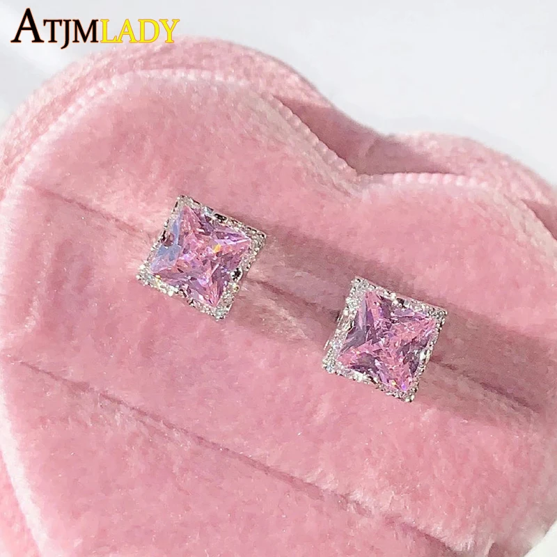 2024 Fashion Square Heart Shaped Iced Out Bling Pink Cubic Zirconia Pierced Earrings Elegant Simple Girlfriends Women Jewelry