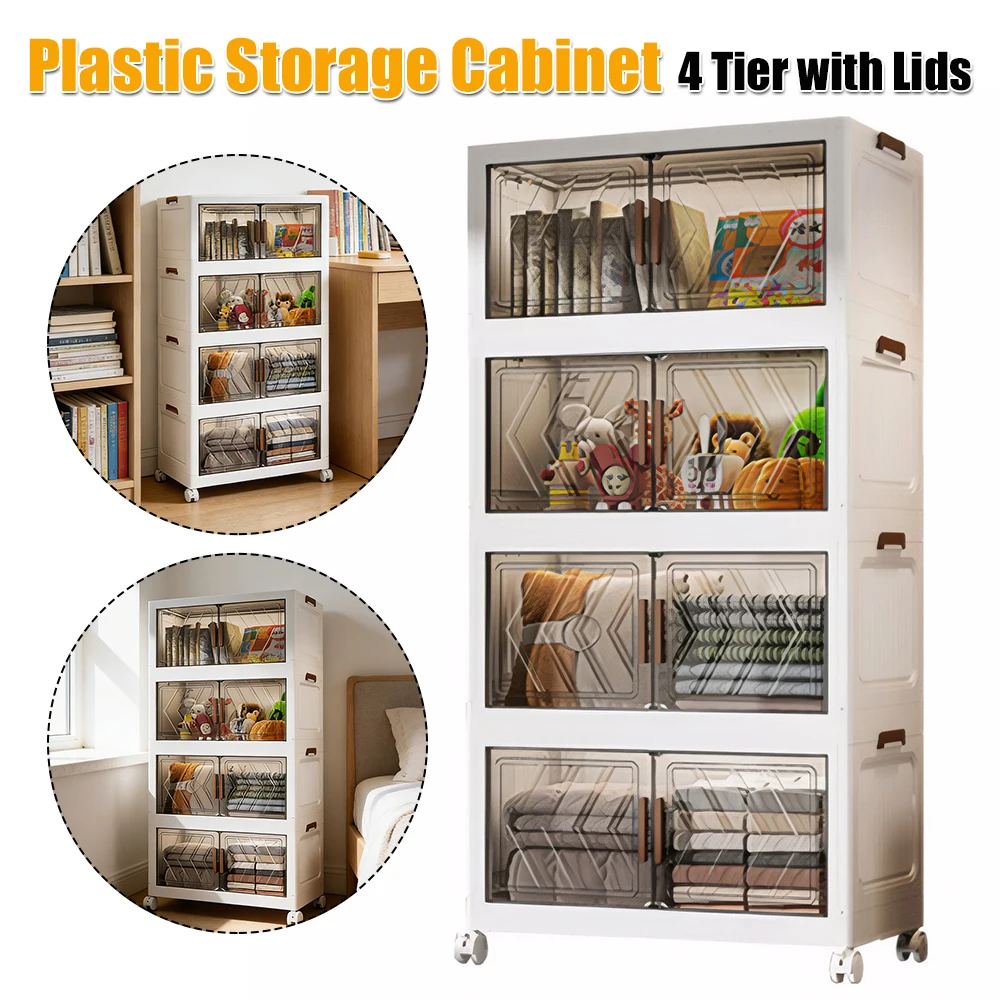

4-уровневый складной контейнер для хранения с дверцами и колесами, универсальный для дома, офиса, гостиной, складные ящики для хранения
