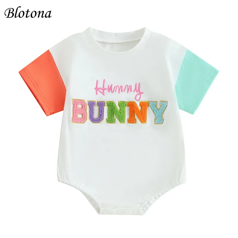 

Blotona Infant Baby Easter Jumpsuit Fuzzy Letter Embroidery Round Neck Short Sleeve Bodysuit T-Shirt 0-18Months