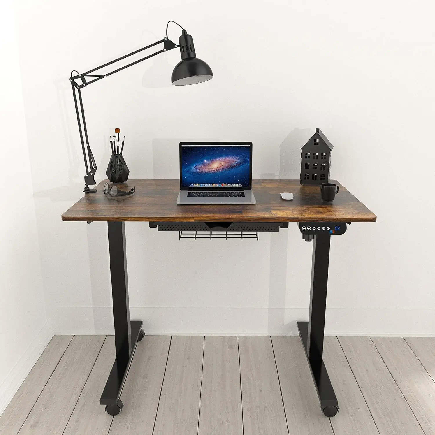 Height Adjustable Mobile Sit Stand Desk with Drawer, Hanging Hooks and Cable Management, 40 x 24 Inches, Rustic Brown