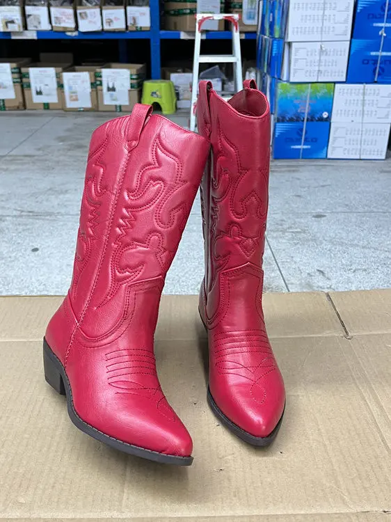 

Faionable Pure Color Pointed Toe Western Boots Women's Mid-Calf Booties All-Match Chunky Heel Cowboy Boots for Youth
