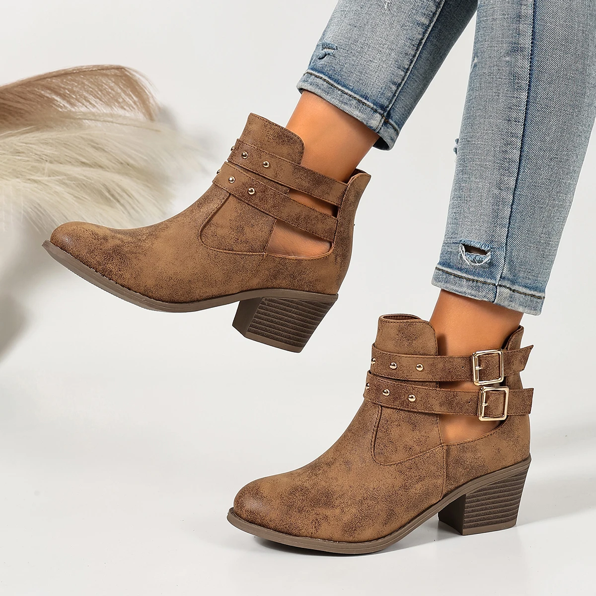 

Women's Short Boots, Large Size, New Spring/Summer Style, Brown Chunky Heel Boots, Hollow-Out Riding Boots, Mid-Calf Boots, Versatile for Everyday Wear
