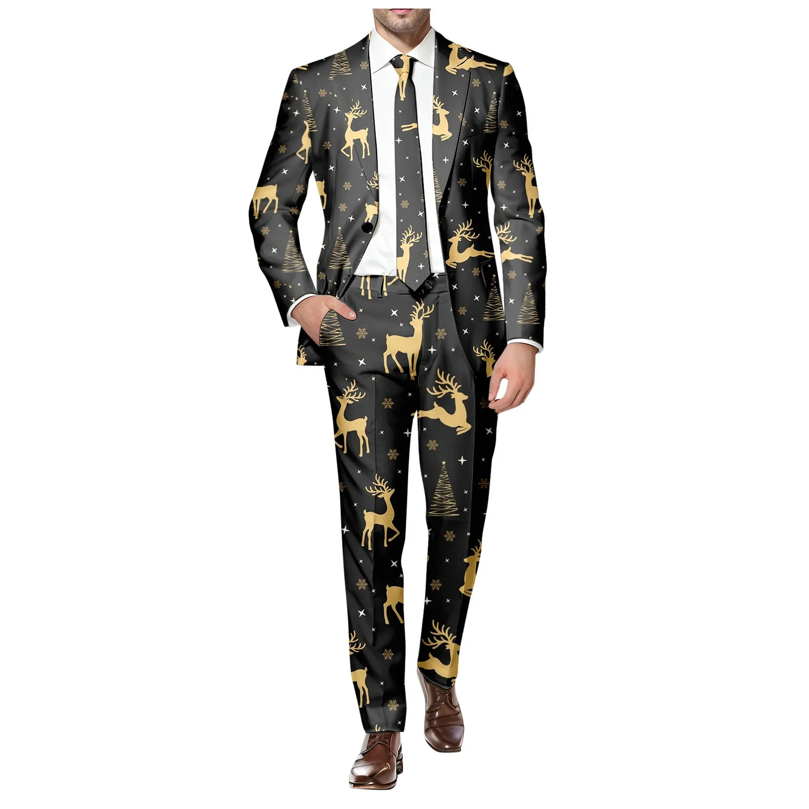 Print Reindeer Men Christmas Blazer Fashion Leisure Slim Fit Pocket Suit Jacket Casual British Style Lapel Collar Elegant Blazer