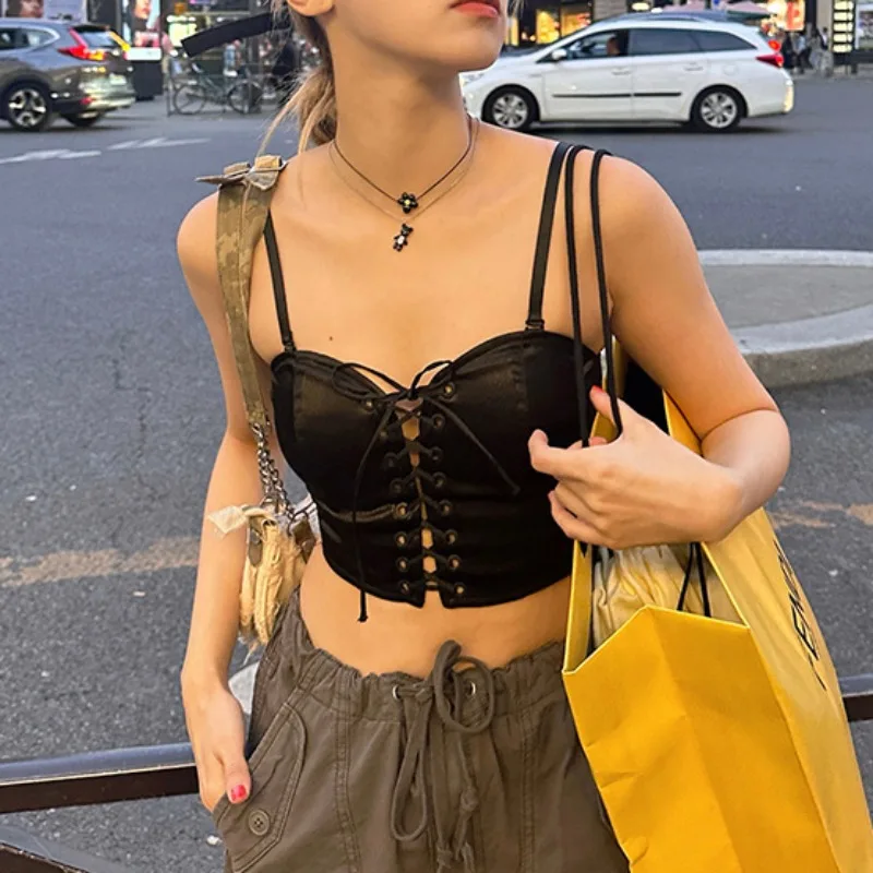 

New Summer Black Grommet Lace Up Camis Crop Tops Women Sexy Strapless Sleeveless Backless Slim Fit Casual Streetwear Vest HMS52