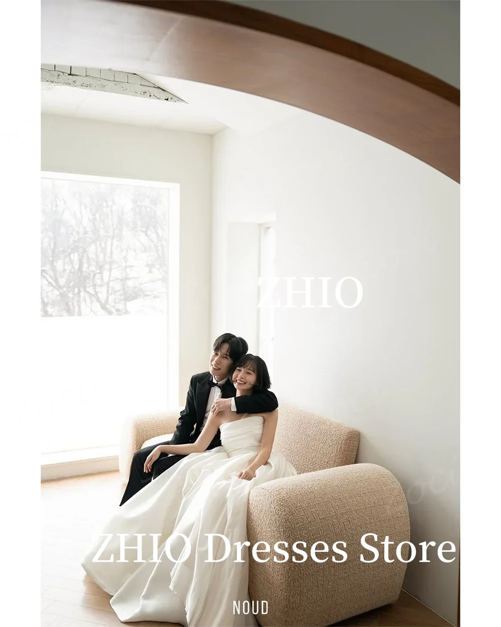ZHIO Elegant Strapless A Line Wedding Dresses Photos Shoot Customized Short Puff Sleeve Bride Gown Korea Wedding Party Dress