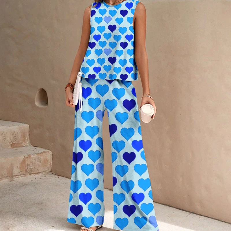 Stylish Women's Trouser Suit Sleeveless Vest And Pants Heart-shaped Print Comfortable Summer Casual Vacation Style Women's Suit