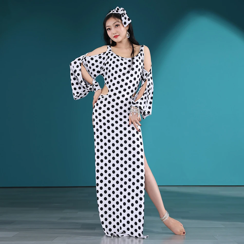 زي رقص شرقي نسائي ، رداء نسائي أبيض بنقط ، زي عرض فولكلوري ، زي تمرين رقص شرقي