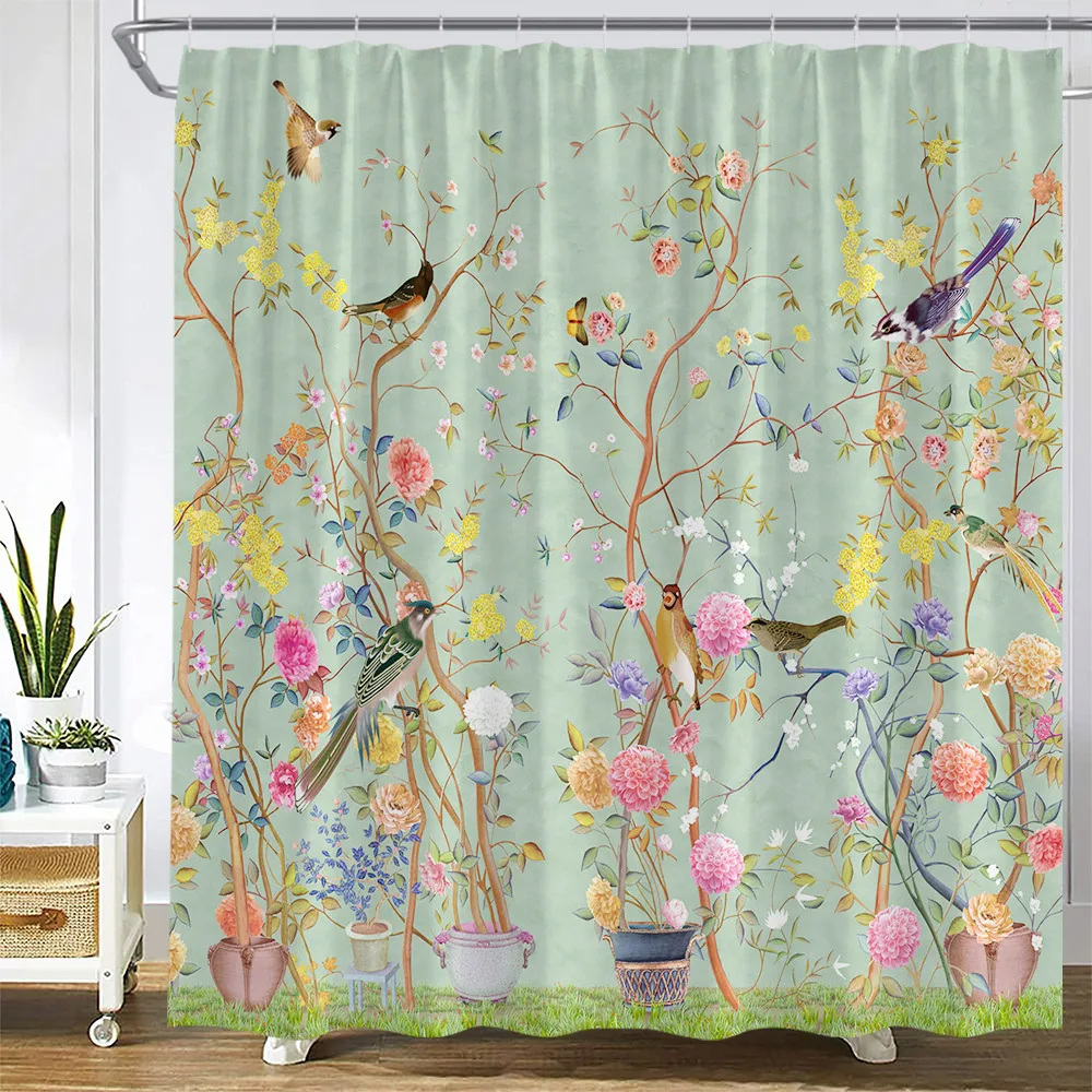 Flower Hummingbird Print Shower Curtain Natural Pink  Polyester Fabric Waterproof   with Hook Decoration