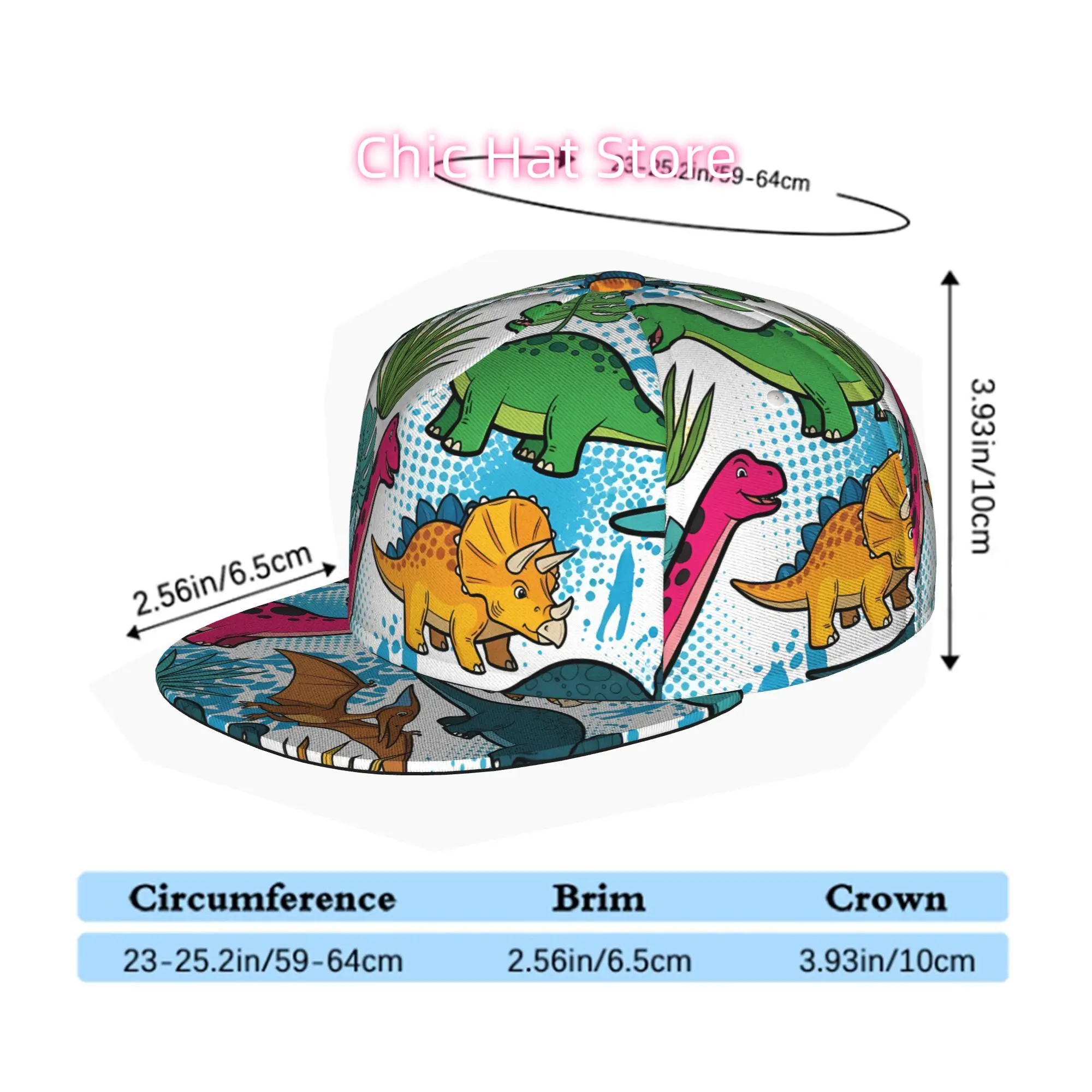 Cartoon Dinosaurs Pop Art Background, Unisex All Over Print Flat Brim Baseball Cap, Hip Hop Streetwear Snapback Hat for Skateboa