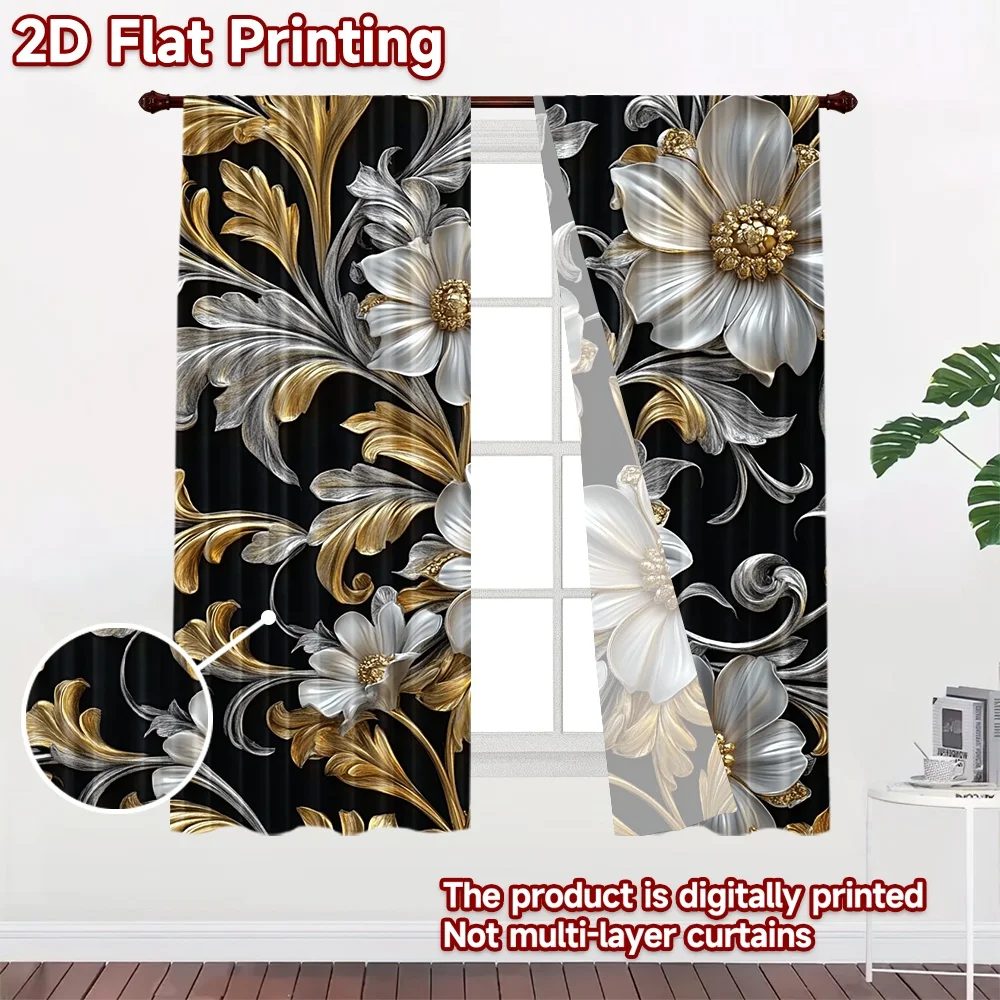 2D flat 2pcs Curtain Vintage drapes and curtains White Gold Floral Scrollwork Digitally printed polyester Festive Curtains for
