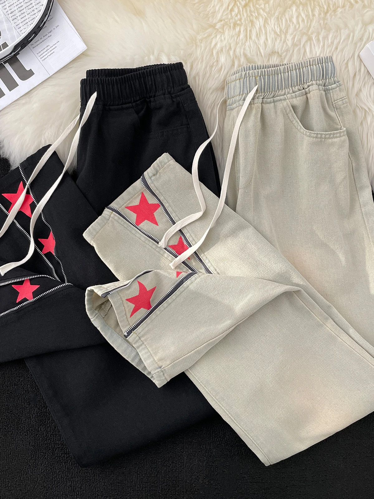 

Мужские джинсы в стиле High Street с молниями на манжетах, свободные, прямого кроя, в стиле ретро, американские, японские, повседневные, осенние, длиной 9/10