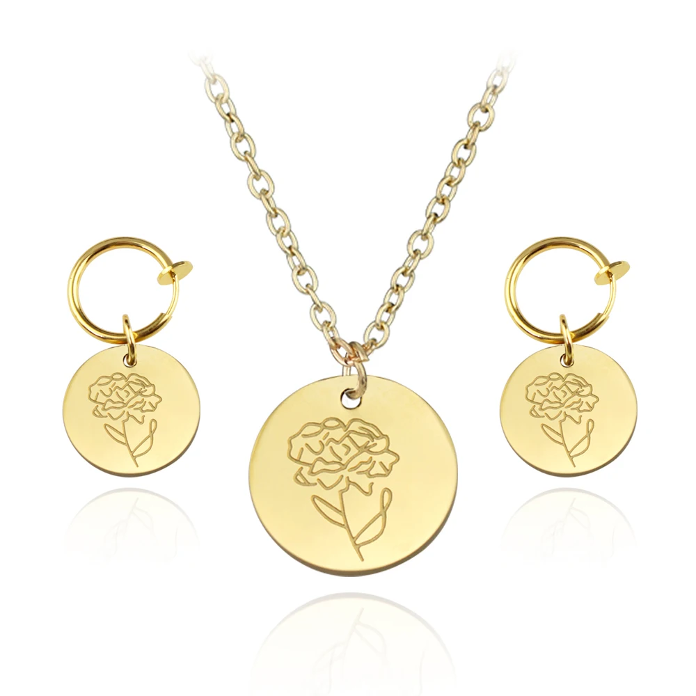 New Arrival Stainless Steel Birth Month Flower Choker Necklace Earring For Women Girl Colorful Jewelry Personalized Gift