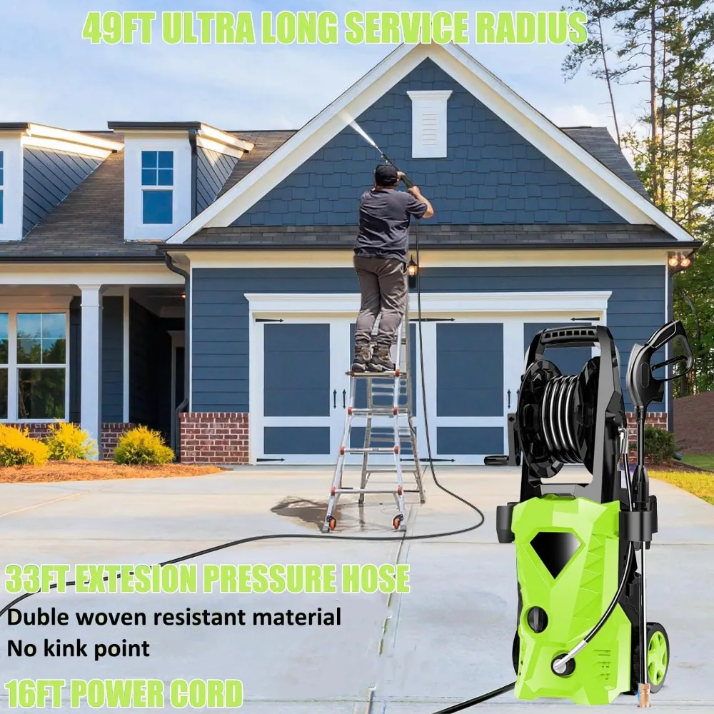 고압 세척기 - 2025년 신형 파워 클리너 업그레이드된 33피트 고압 세척기 호스 릴, 폼 캐논, 4개 노즐 세트, 파워