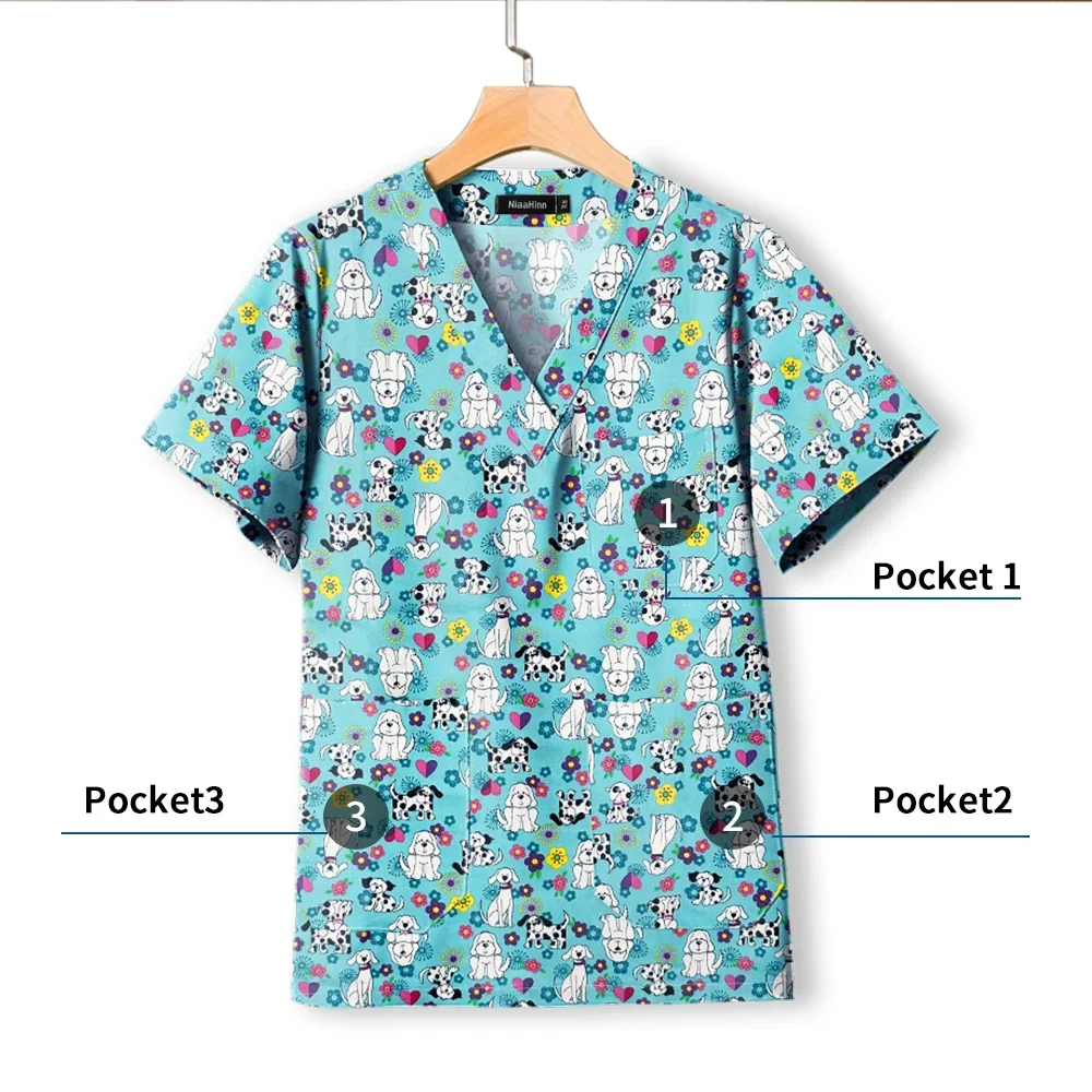 Scrub dentale donna uniforme medica cotone stampato medico infermiere abbigliamento da lavoro traspirante scollo a v maniche corte Top Healthcare t-shirt