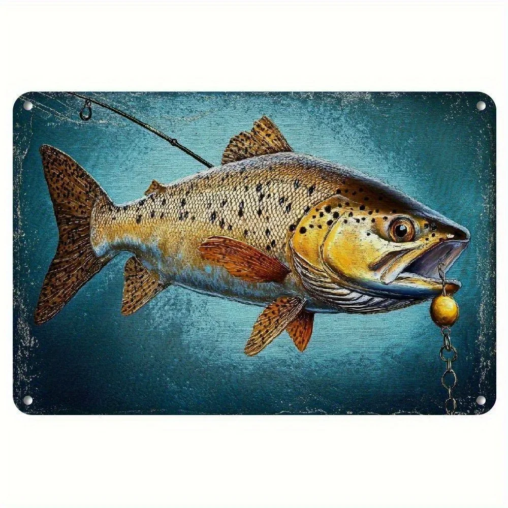 Vintage Trout Fishing Metal Tin Sign - Leapin' Trout with Hook & Line - Waterproof & Dustproof Rustic Fishing Decor - Pre-Dri