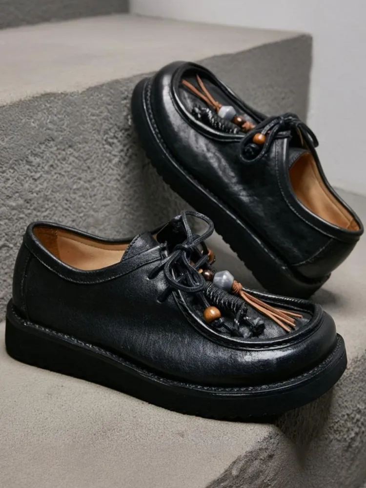 Japanese Style Horsehide Round Toe Hard Wearing Platform Casual Shoes Solid Color Genuine Leather Tassel Lace-Up Male Footwear
