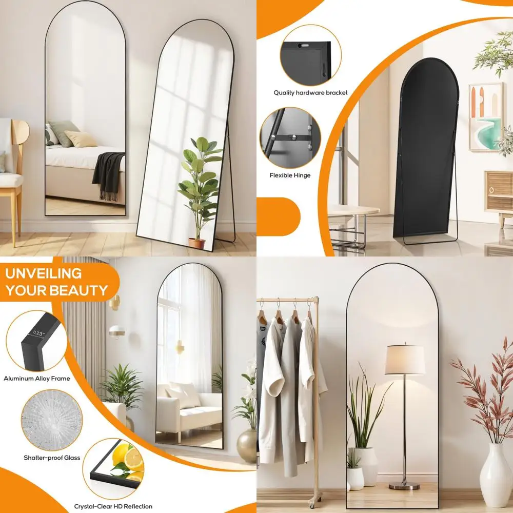 Espelho arqueado de comprimento total com vidro inquebrável, espelho de parede corpo 21x64 atualizado, chão, pendurado ou inclinado, grande S