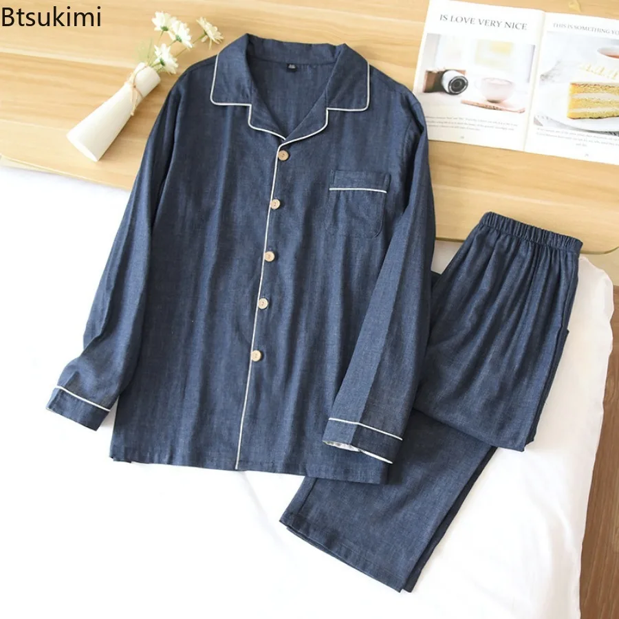 Spring/Autumn 100% Cotton Color-spun Yarn Pajamas Couple Long Sleeve Pants Pajamas 2PCS Women's Home Clothes Sleepwear Nightwear