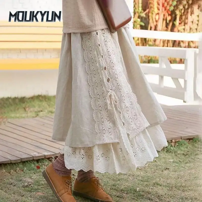 

Vintage Mori Cotton Linen Patchwork Lace Skirt Spring All Match Elastic Waist Japanese A-Linen Women Skirts