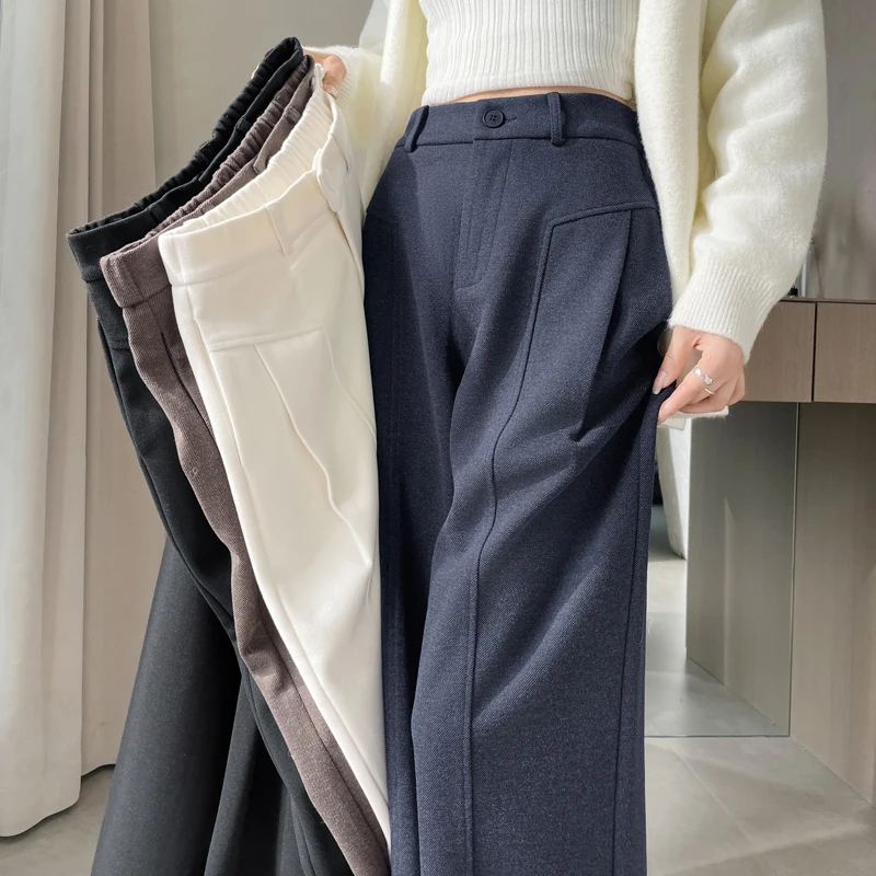 ارتفاع الخصر النساء السراويل الخريف الشتاء السراويل الصوفية مرونة الخصر فضفاضة بنطال ذو قصة أرجل واسعة عادية السراويل الطويلة فام #3