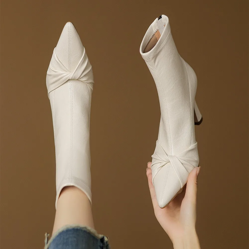 

2025 Autumn/Winter New High Heels Thin Boots Bow Korean Edition Artistic Style Elastic Thin Heels Short Boots for Women