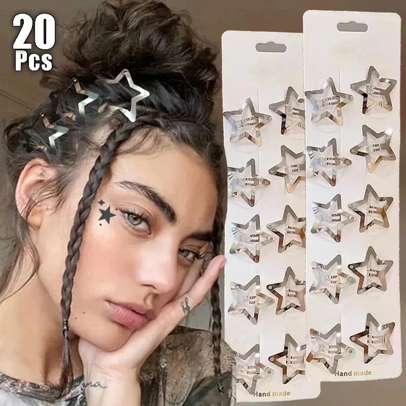 2/50Pc Y2K Filigree Pentagram Star Metal Snap Hair Clips For Girl Punk Silver Hair Pin Headwear Gifts Wholesale Hair Accessories