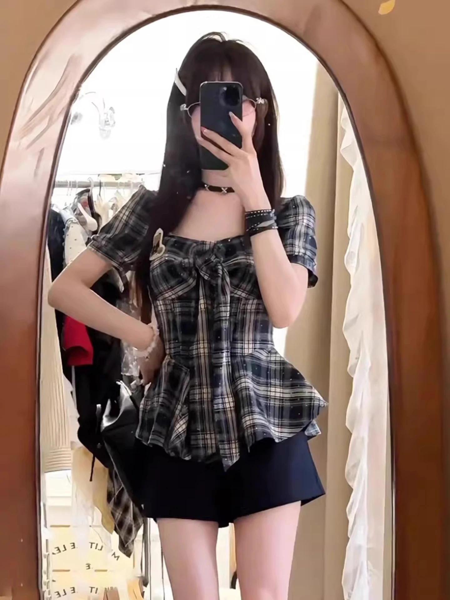 

Korean Retro Plaid Shirt And Shorts Set Women's Summer Fashion Slimming Top Square Collar Short Sleeve High Waist Breathable