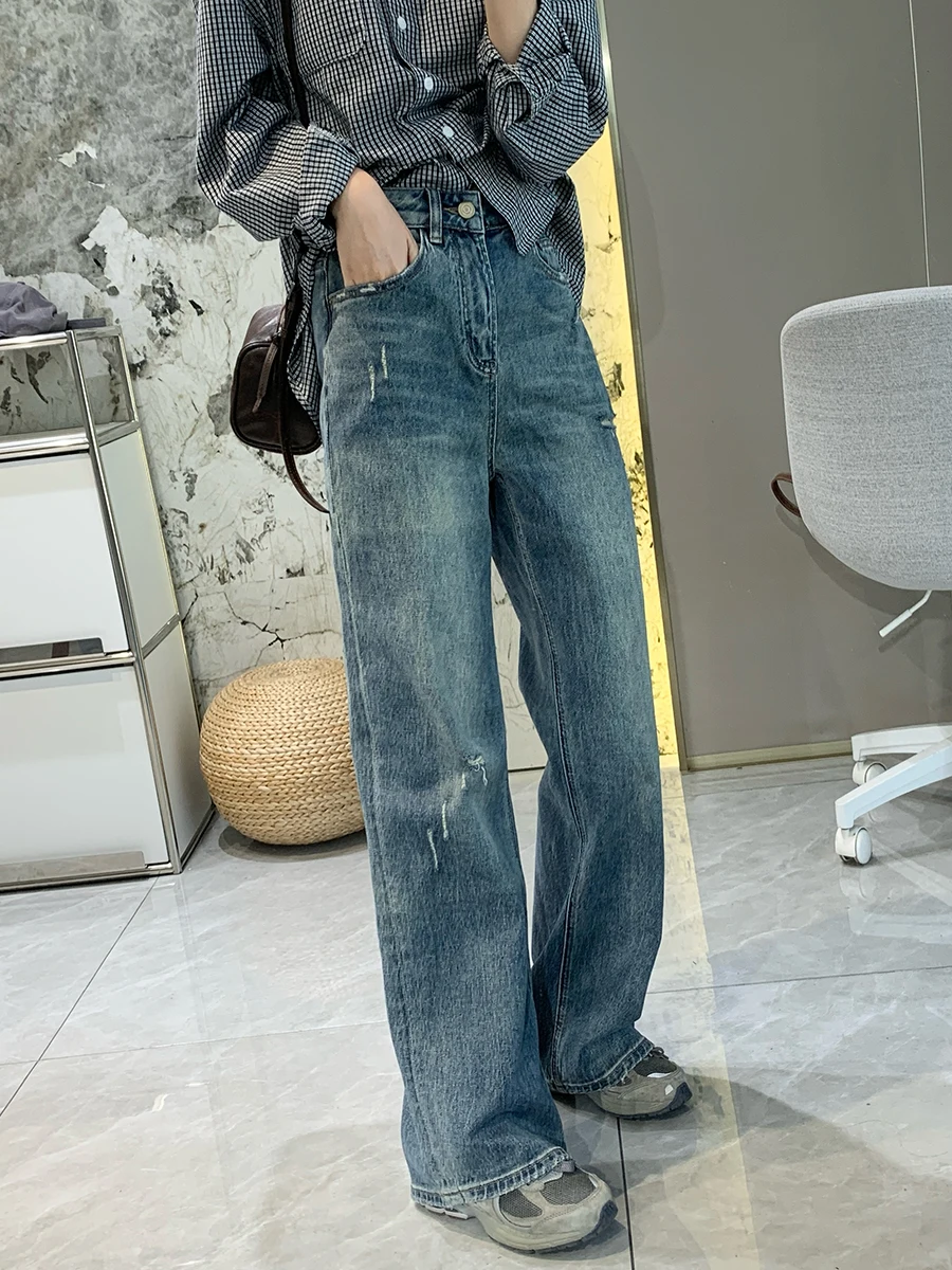 

Faionable Retro Narrow Wide Leg Jeans High Waist Waed Denim Women's Straight Cut Spring New Arrival Cotton Blend Jeans