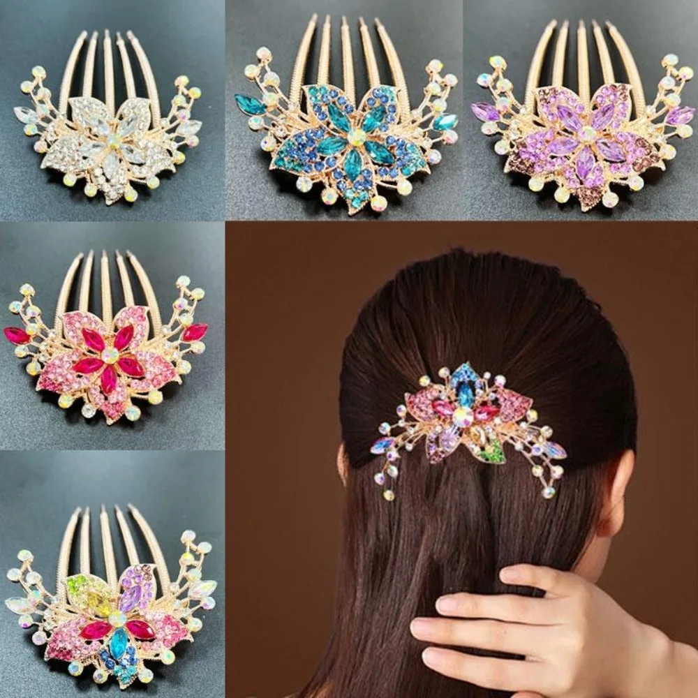 KISMIS 1PC Fashion Girl Hair Accessories Five-tooth Comb Wild Plate Hairpin Alloy Diamond Hair Comb Rhinestone Net Red Hairpin